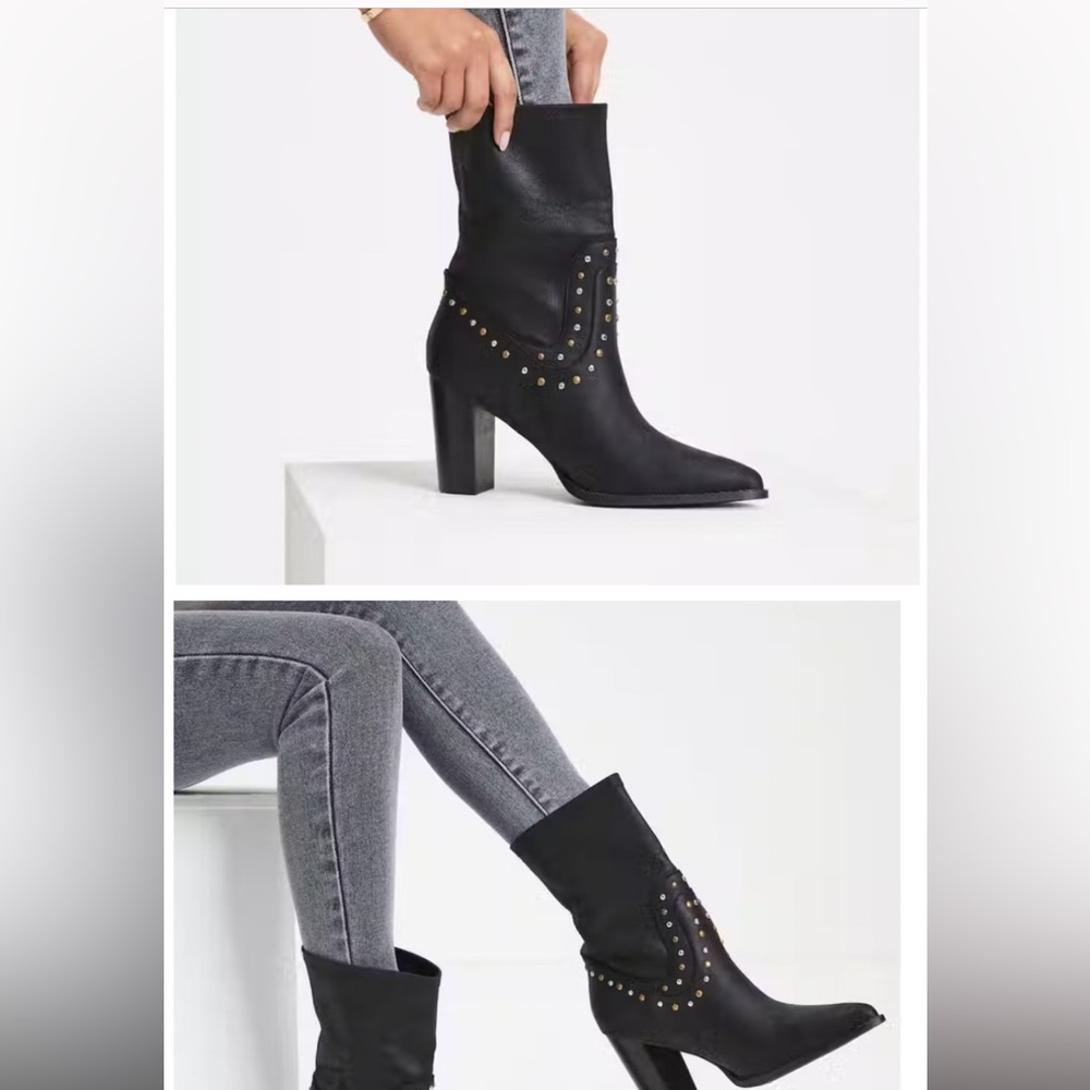 Women’s Oasis Society, Dina Studded Faux Leather Heeled Boot, Black, Size 7.5.